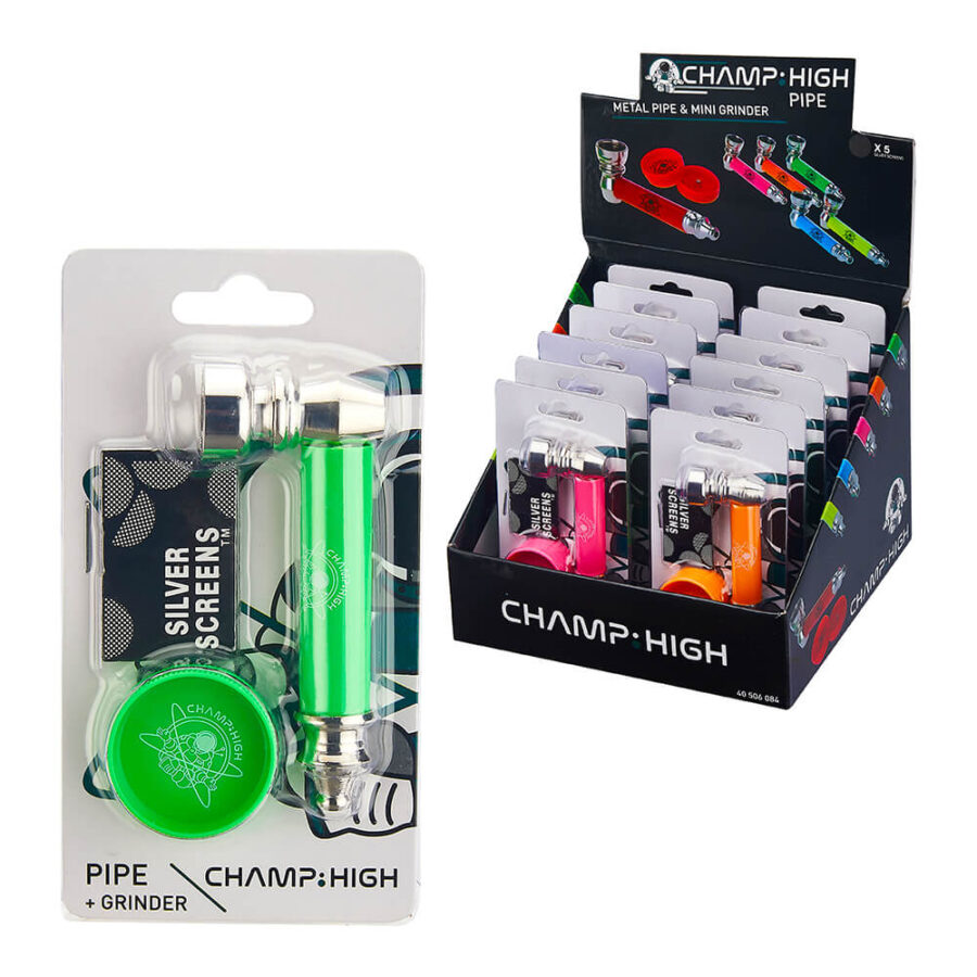 Champ High Metall Pfeife + Mini Grinder Verschiedene Farben (12St./Display)