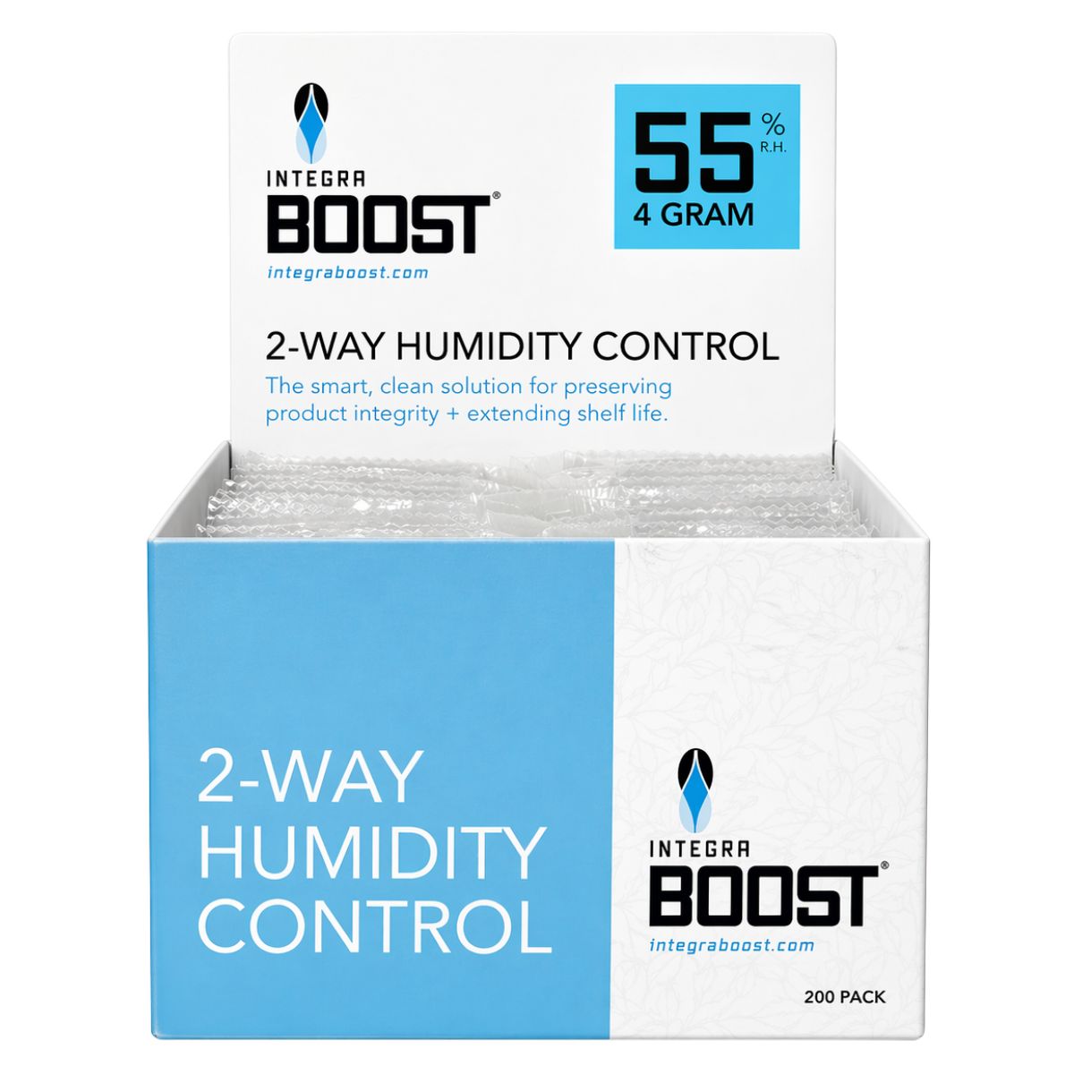 Integra Boost 2-Wege-Feuchtigkeitsregelung 55% RH - 4 Gramm (200 Stück/Display) Integra Boost 2-Wege-Feuchtigkeitsregelung 55% RH - 4 Gramm (200 Stück/Display)