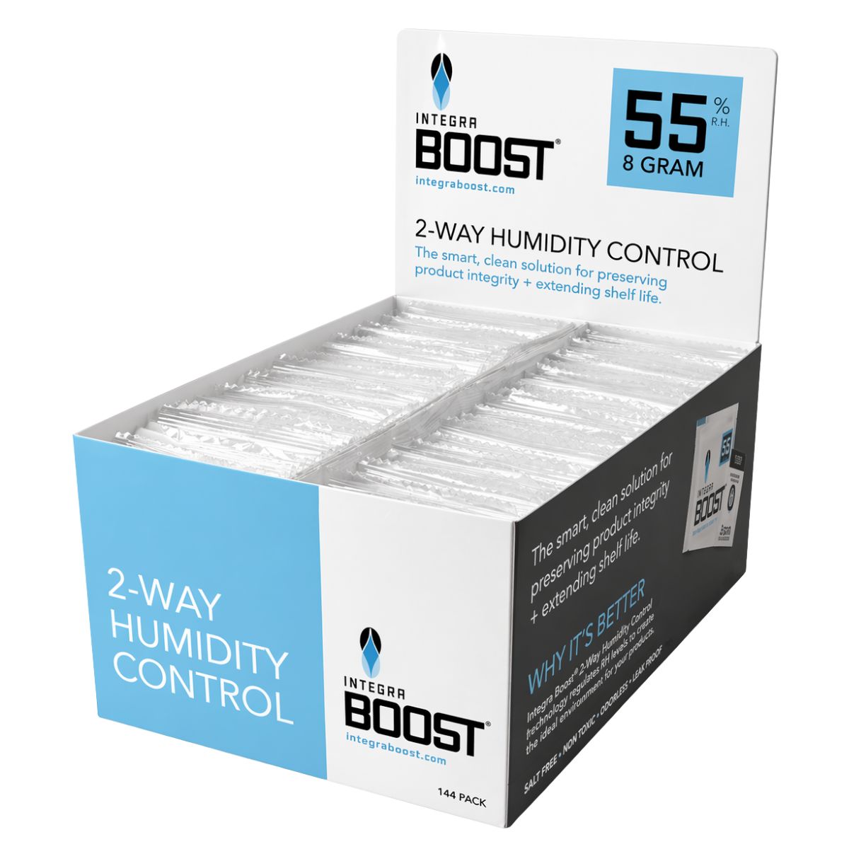 Integra Boost 2-Wege-Feuchtigkeitsregulierung 55 % rF – 8 g (144 Stk. Display) Integra Boost 2 Way Humidity Control 55 RH 8 Grams 144pcs display
