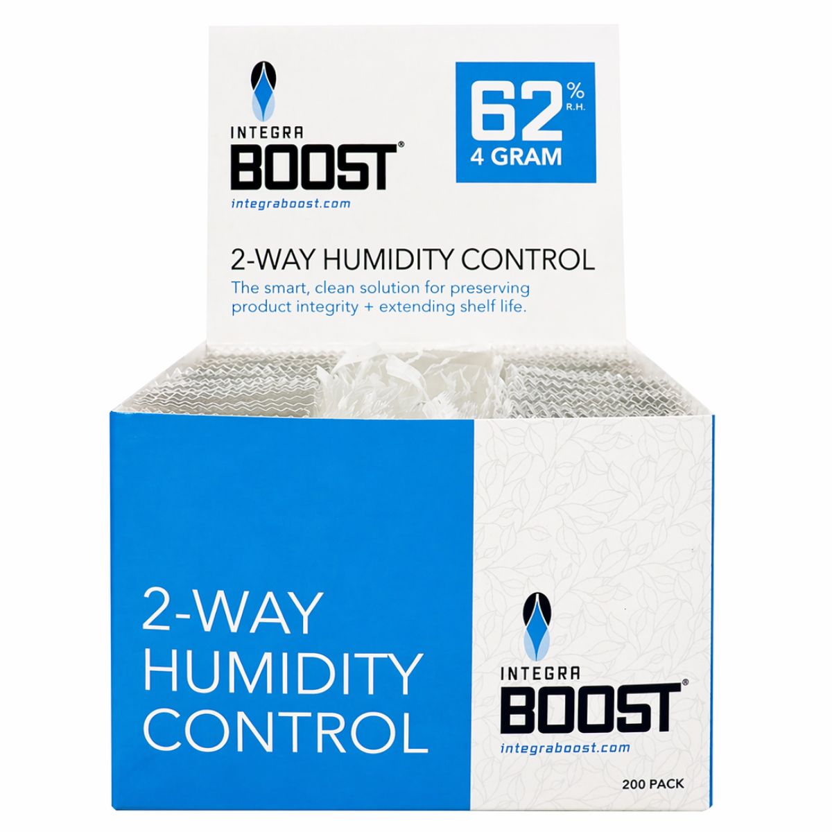Integra Boost 2-Wege-Feuchtigkeitsregelung 62% RH - 4 Gramm (200 Stück/Display) Integra Boost 2-Wege-Feuchtigkeitsregelung 62% RH - 4 Gramm (200 Stück/Display)