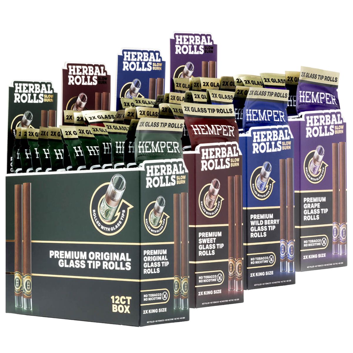 Hemper Pre-Rolled King Size Herbal Rolls + Glastip 2er-Pack (12 Stk./Display) Hemper Pre-Rolled King Size Herbal Rolls + Glass Tip 2-Pack (12pcs/display)